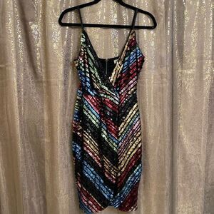 Tea & Cup Multi Sequin Rainbow Striped Sleeveless Midi Dress, Small NWOT